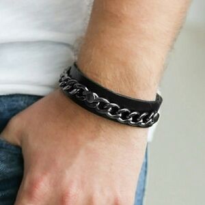 Mens Black Leather Bracelet with Silver Chain